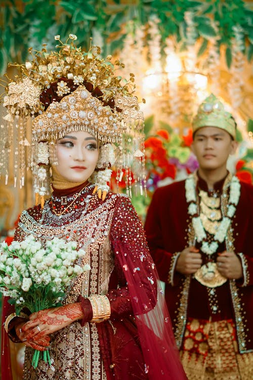 Bride in Golden Crown and Red Dress