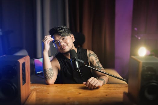 A man with tattoos and eyeglasses sitting in a home studio with microphone and speakers.