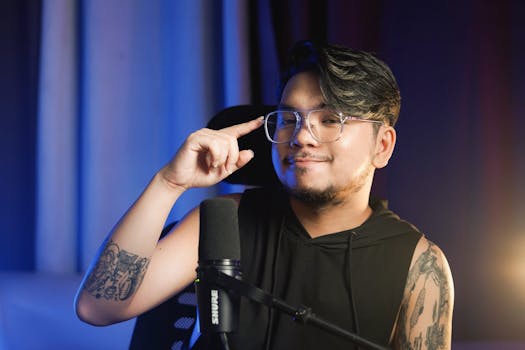 Young man with tattoos and eyeglasses sitting indoors, speaking into a microphone.