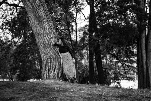 Woman in Skirt in Forest in Black and White