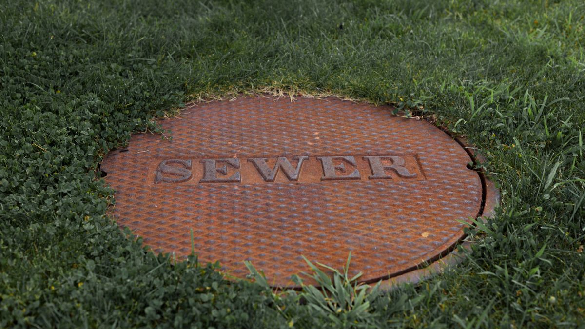 Close-up of a rusty sewer manhole cover set in grass