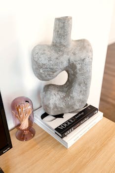 A modern decorative setting featuring an abstract vase on stacked fashion books.
