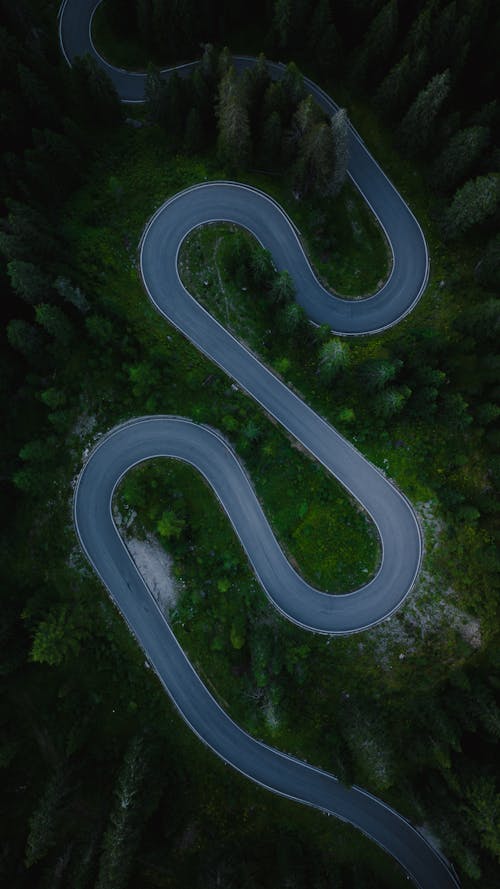 An aerial view of a winding road in the forest