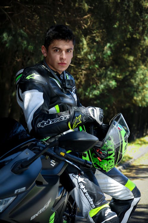 Man in Leather Motorcycle Racing Suit