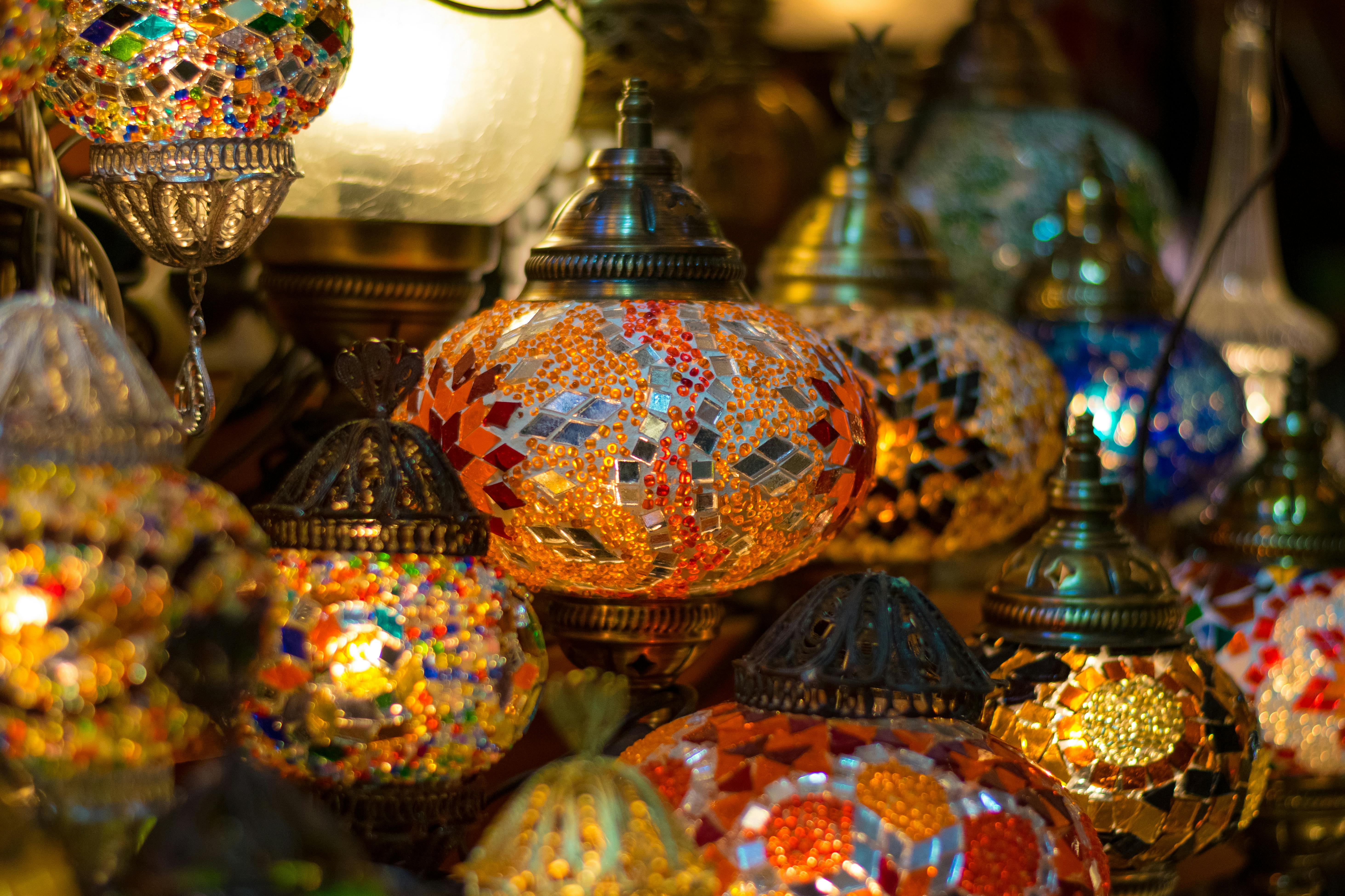 Colorful mosaic lamps on display in an Istanbul market, showcasing traditional Turkish craftsmanship.