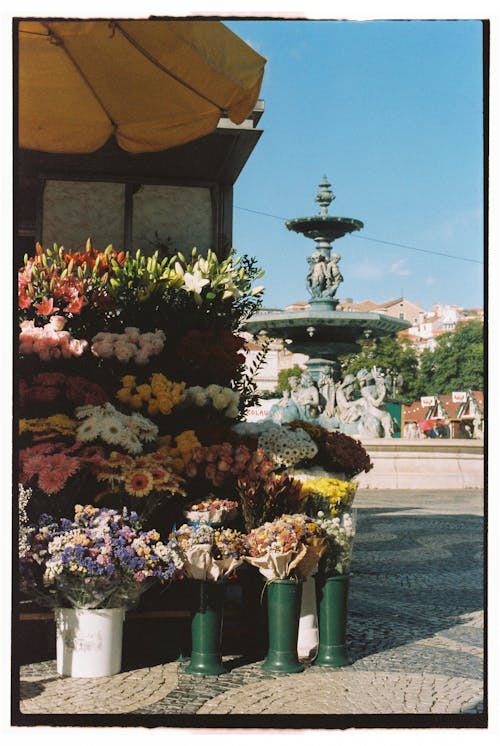 A flower stand with a fountain in the background