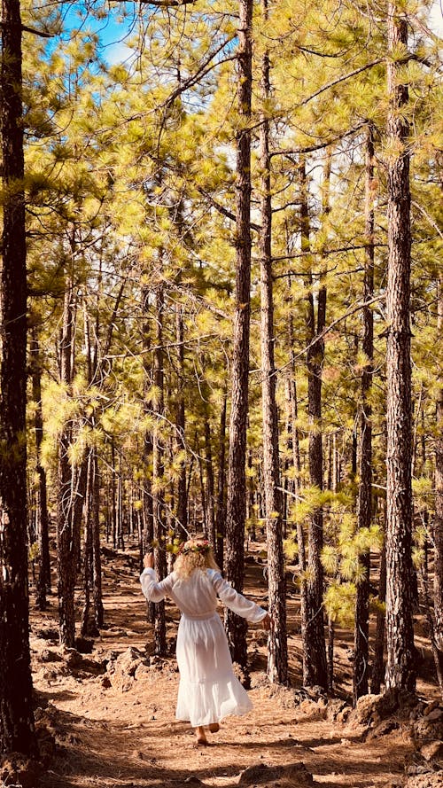 Woman in White Dress Walking in Forest