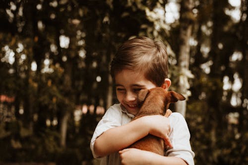 A young boy hugging a dog in the woods