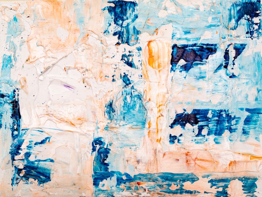 Colorful abstract acrylic painting with blue and orange textures on canvas.