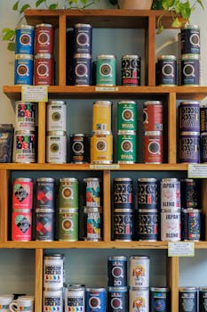 A vibrant display of assorted coffee cans on wooden shelves indoors.
