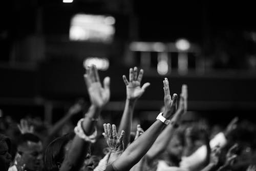 Free Grayscale Photography of People Raising Hands Stock Photo