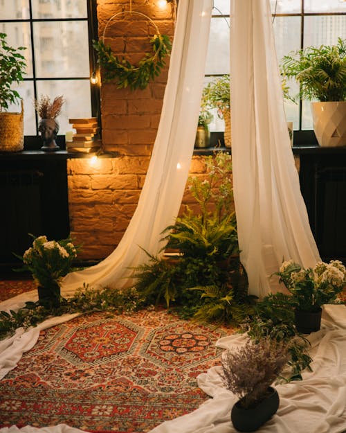 A wedding ceremony with a rug and plants