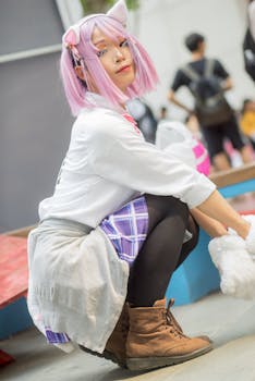 在动漫主题活动中，一名戴着粉色假发、穿着可爱服装的年轻女子正在摆姿势