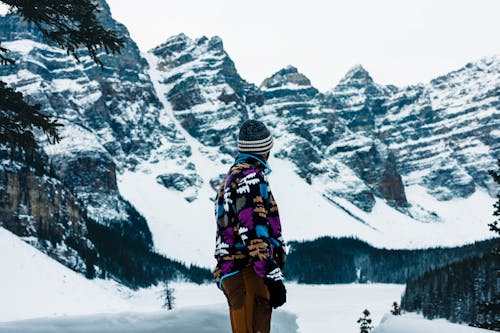 Man in Jacket in Mountains in Winter