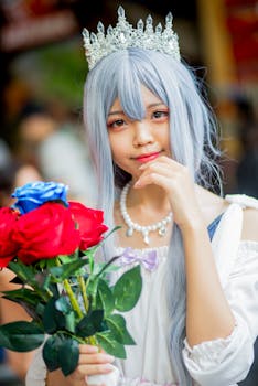 这幅优雅的角色扮演肖像描绘了一位头戴王冠、身着鲜花服饰的年轻女子