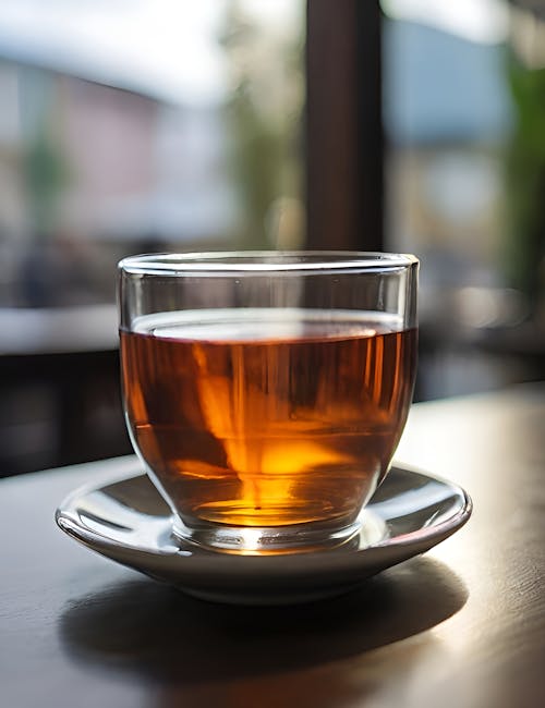 A glass of tea sits on a table in front of a window