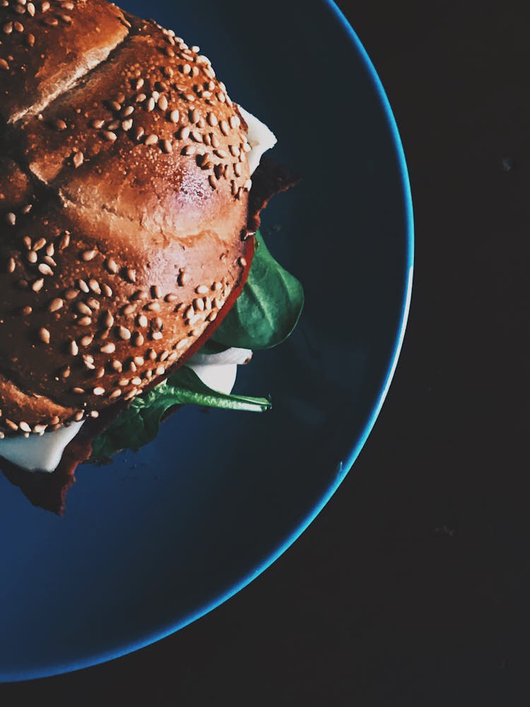 Burger On Blue Ceramic Plate