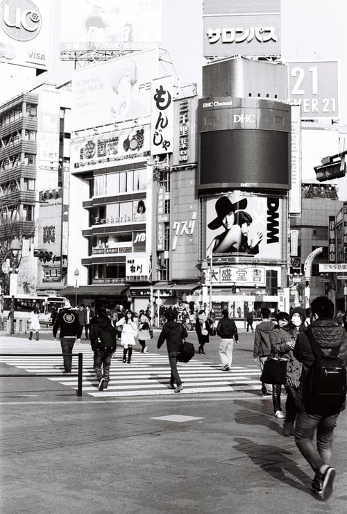 Free Black and white photo of a busy street intersection in Tokyo with numerous pedestrians. Stock Photo