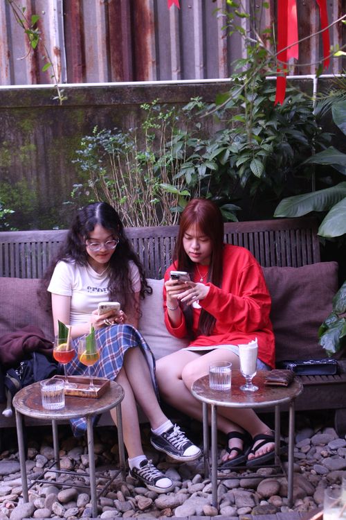 Free Two women sitting outside on a bench, immersed in their smartphones, surrounded by greenery. Stock Photo