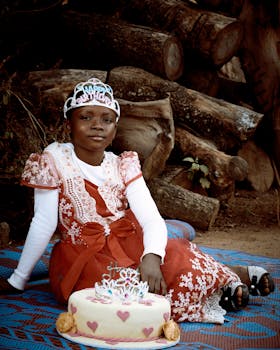 A young girl in traditional attire celebrating her birthday with a cake outdoors, in Bwari, Nigeria.