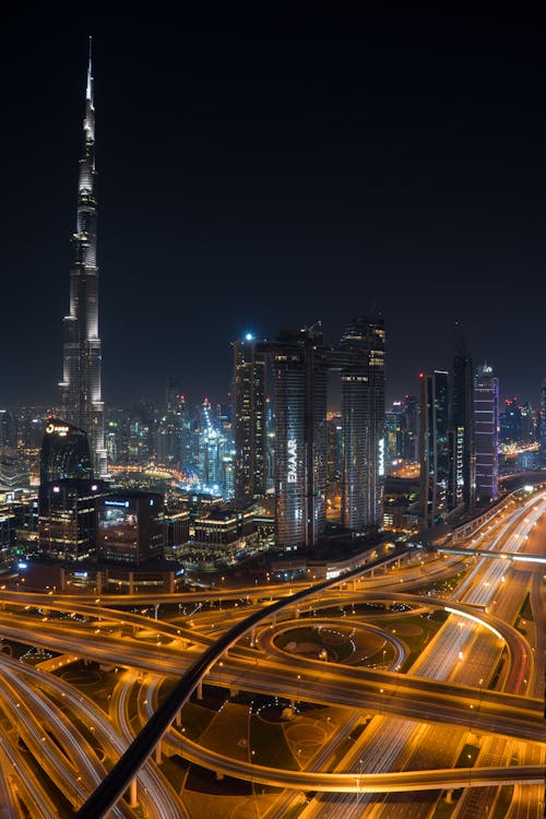 Free View of Illuminated Skyscrapers in Downtown Dubai, UAE Stock Photo