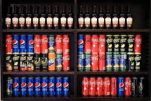 Colorful display of assorted soft drinks and wines on store shelves in Rome.