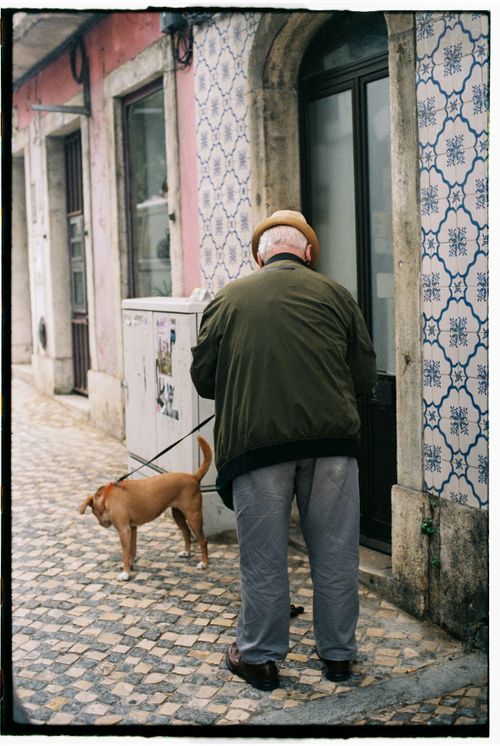 Free Elderly man walking his dog on a tiled street in Lisbon, Portugal. Stock Photo