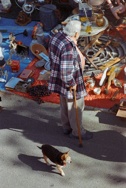 A man walking a dog near a flea market