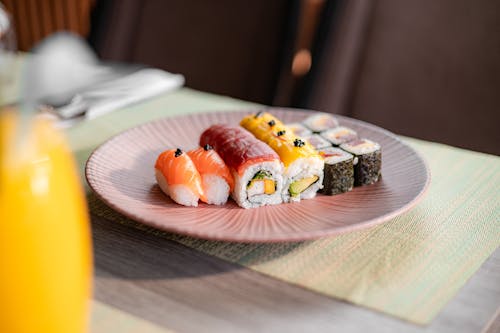 Different Kinds of Sushi Served on a Plate 