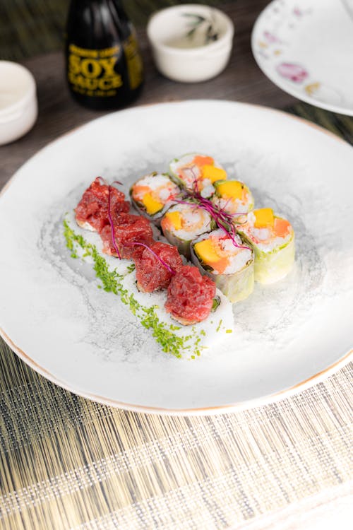 Different Kinds of Sushi Served on a Plate 