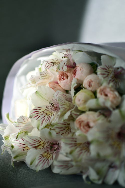A bouquet of white and pink flowers is shown