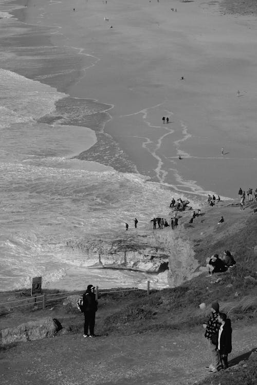 People on Hill over Beach in Black and White