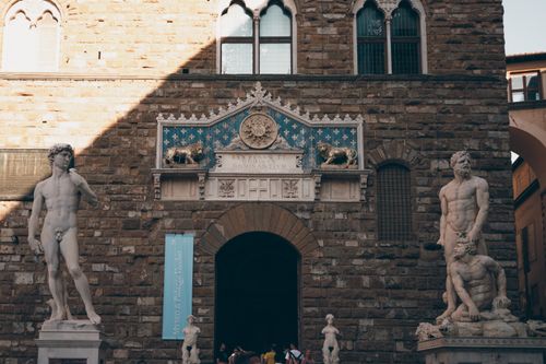 Free Historic sculptures in Piazza della Signoria, Florence, featuring replicas of David and Hercules. Stock Photo