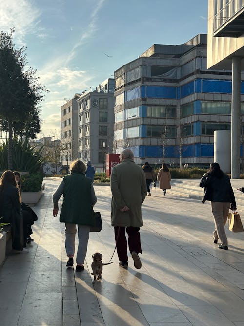 People walking on a sidewalk with a dog