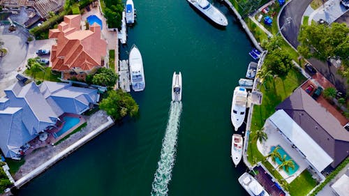 Aerial view of a boat in a canal