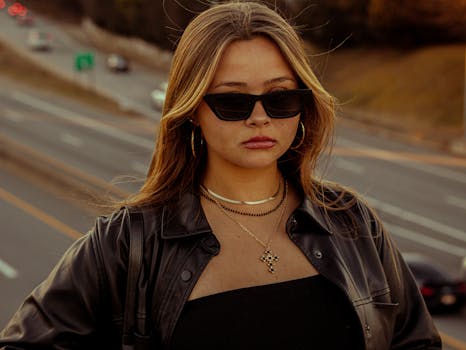 A fashionable woman wearing a black leather coat and sunglasses stands outdoors with a city background.