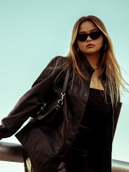 Fashionable woman in black leather with sunglasses, posing confidently outdoors.
