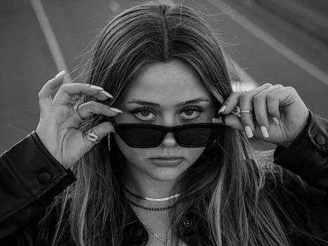 Black and white portrait of a stylish woman adjusting sunglasses with serious expression.