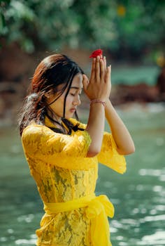 一名身穿传统黄色蕾丝连衣裙的妇女在河边用鲜花祈祷