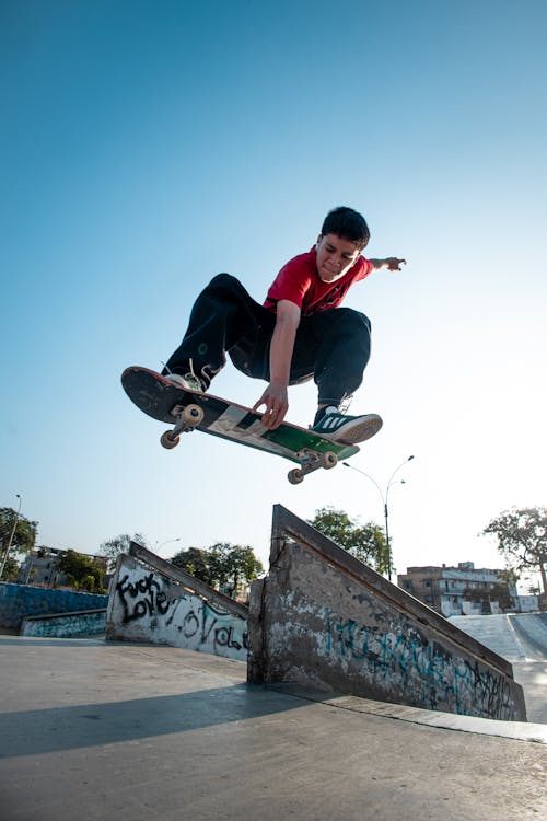 A skateboarder in the air