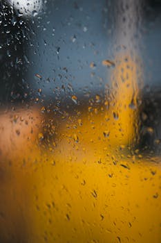 Raindrops on a glass pane create a blurred effect, with a vibrant yellow backdrop.