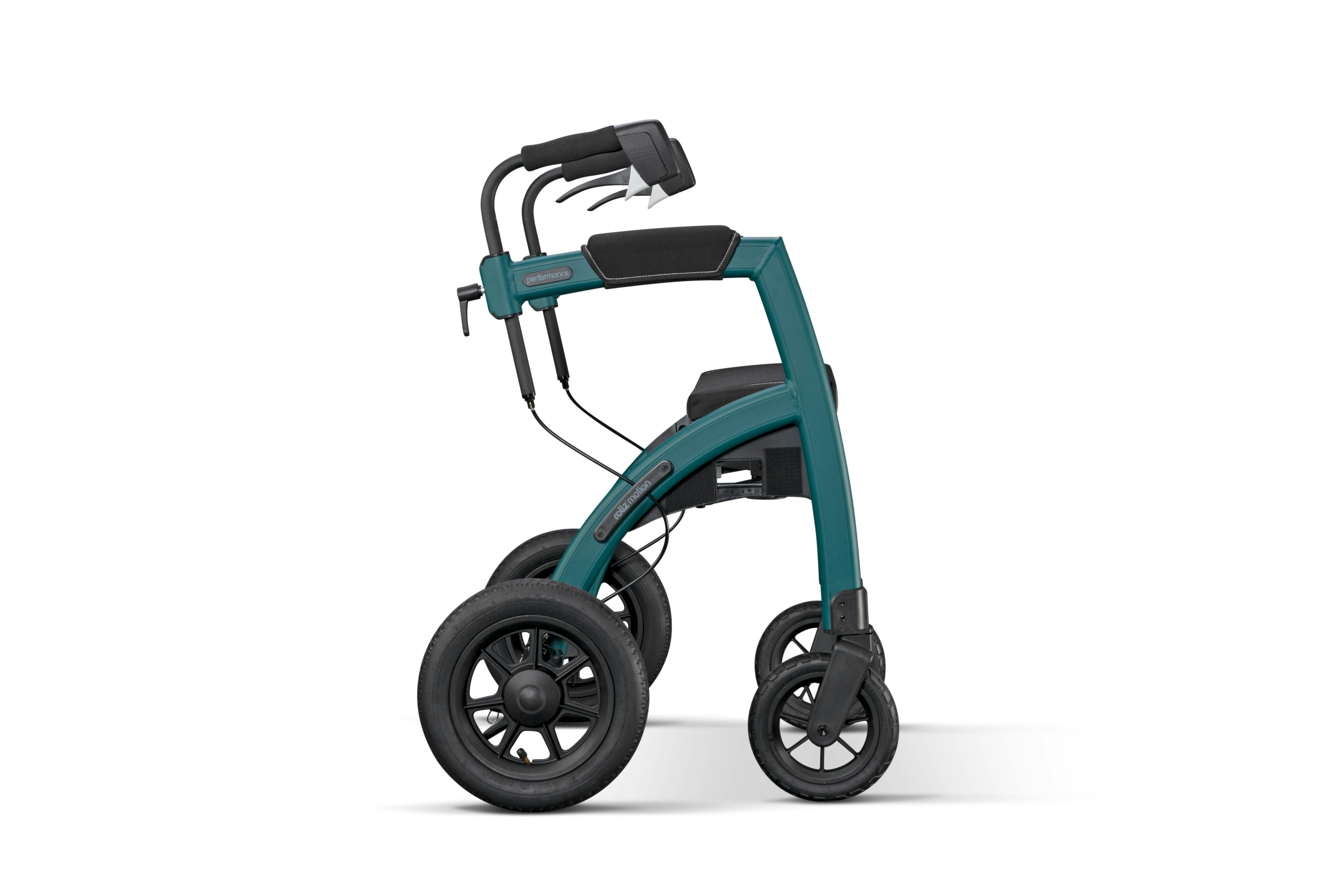 Sleek teal walker with ergonomic design on white background for mobility aid