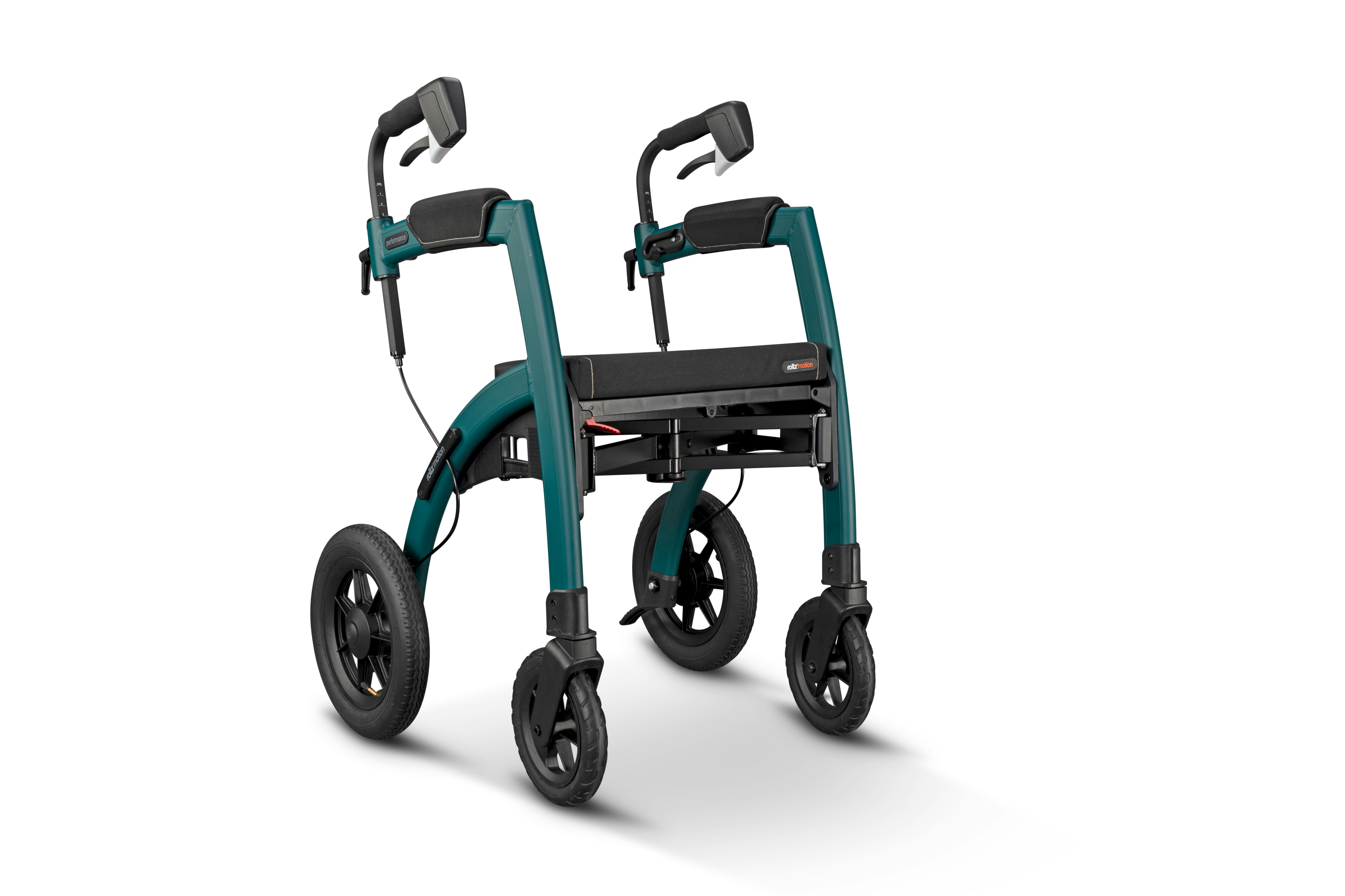 Sturdy four-wheel mobility walker for enhanced support and independence.