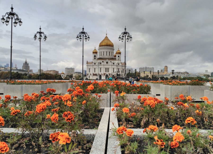 Iconic church with golden domes amidst a stunning garden of orange flowers on a cloudy day.