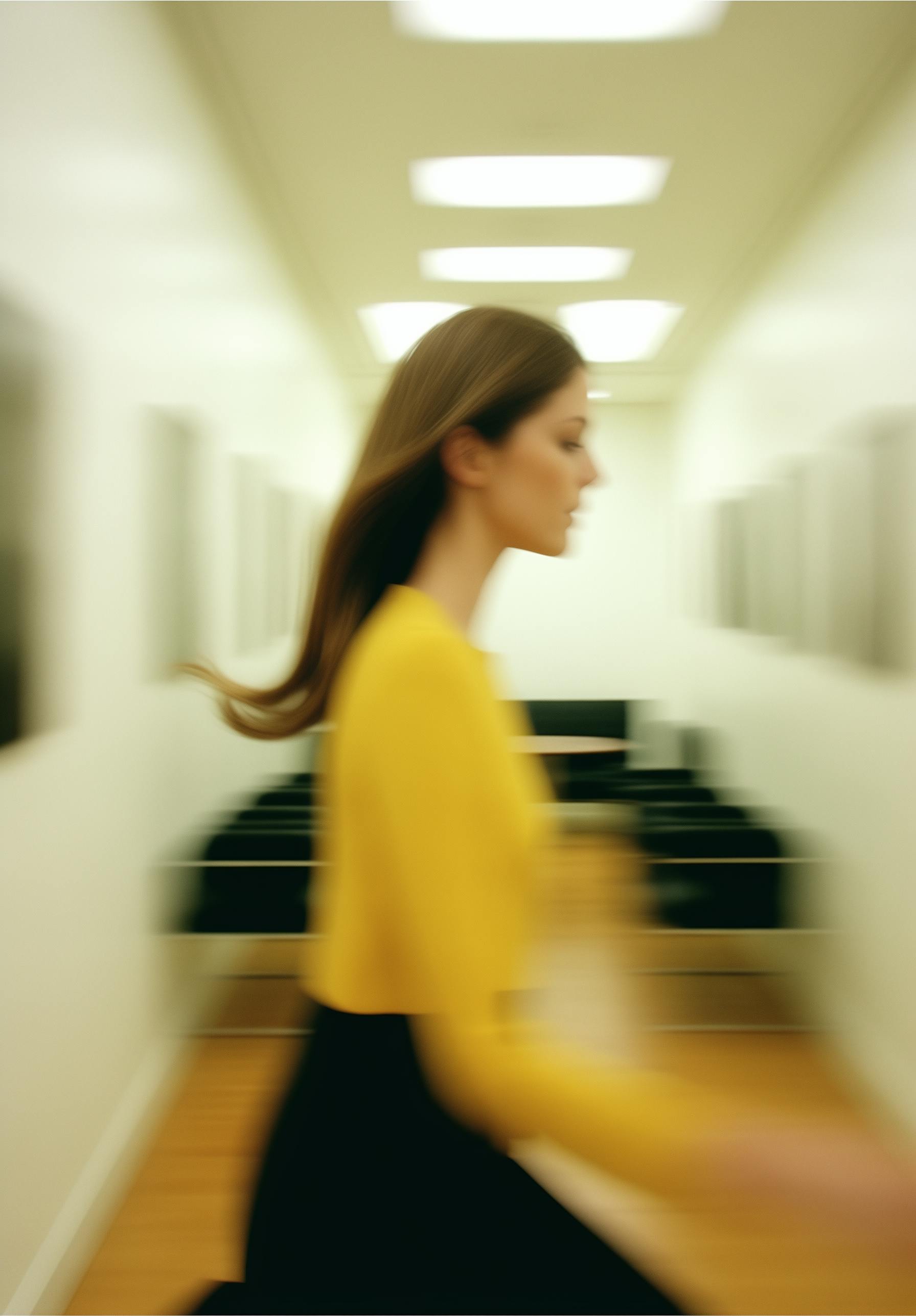 Artistic blurred image of a woman in motion wearing a yellow blouse in a gallery hallway.