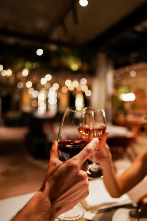 Free Romantic couple toasting with wineglasses in a cozy Istanbul restaurant setting. Stock Photo