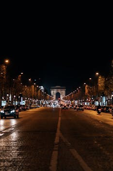 Night view of the bustling Champs-Élysées leading to the illuminated Arc de Triomphe in Paris, France.