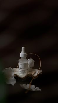 A minimalist product bottle displayed on a shell with white petals on a dark background.