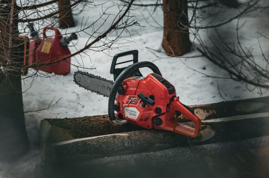 Red chainsaw resting on snow-covered tree logs in a winter forest setting.