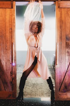 Graceful woman in a peach dress posing elegantly with a veil indoors.